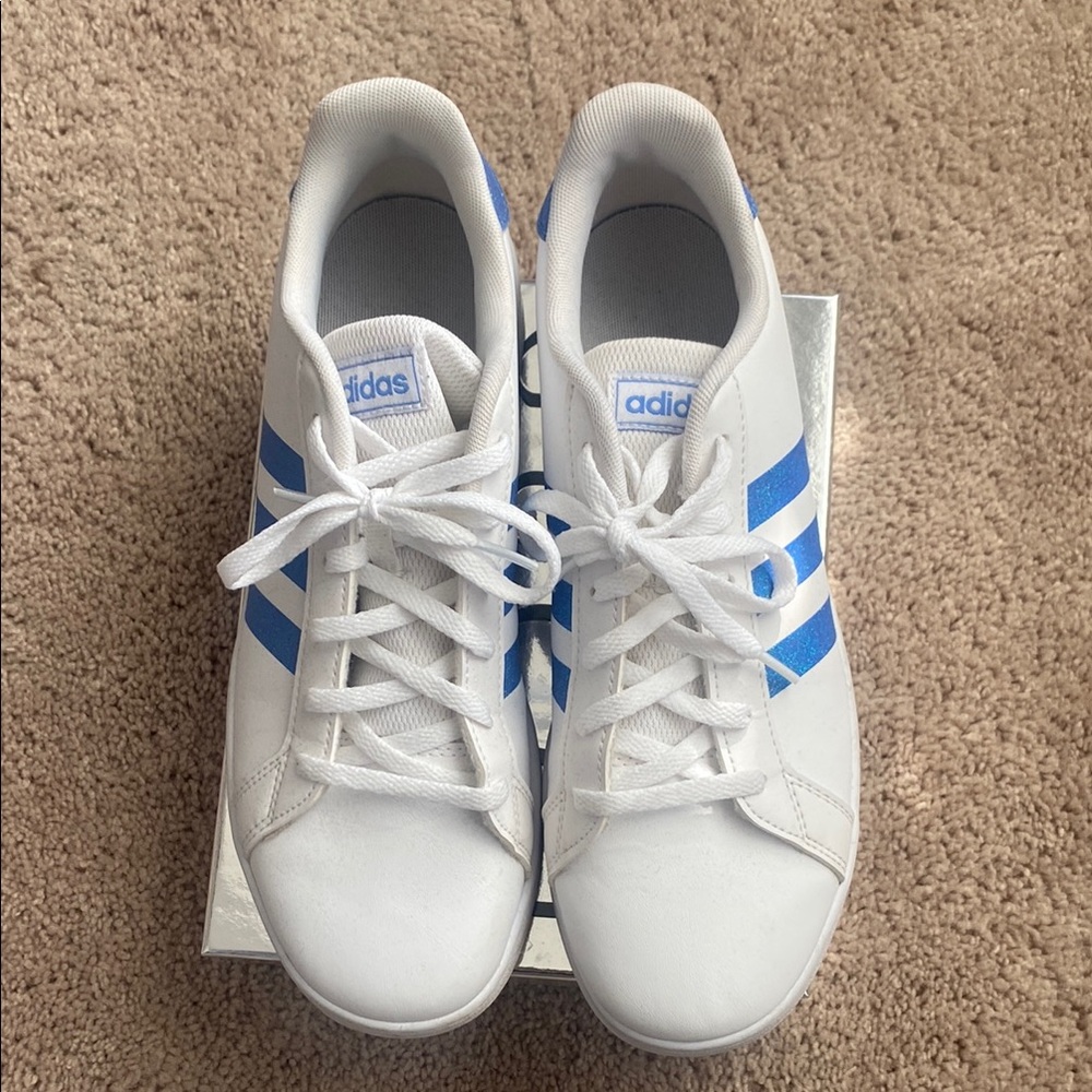 Adidas Women’s White Sneakers with blue glitter stripes